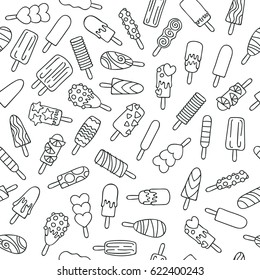 Popsicle Ice Cream Icons Pattern - Hand Drawn Doodle Style. Black Outlines Sweets Seamless Vector Background.