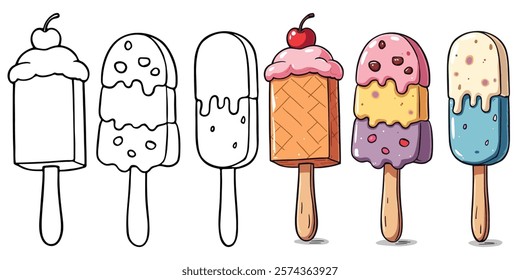 Popsicle Ice Cream Line Art Vector Illustration Black and White with Coloring Sample. Bold and Easy Food, Sweets, Drinks, Dessert, and Snacks Coloring Pages for Adults and Kids.