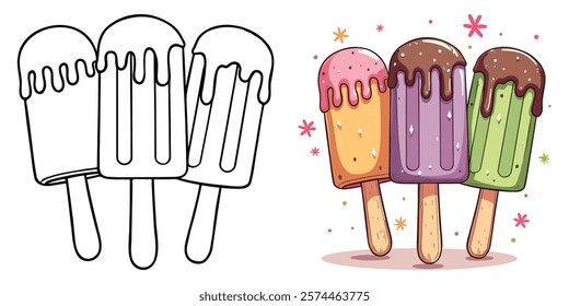 Popsicle Ice Cream Line Art Vector Illustration Black and White with Coloring Sample. Bold and Easy Food, Fruits, Sweets, Drinks, Dessert, and Snacks Coloring Pages for Adults and Kids