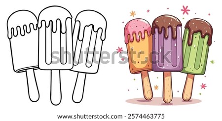 Popsicle Ice Cream Line Art Vector Illustration Black and White with Coloring Sample. Bold and Easy Food, Fruits, Sweets, Drinks, Dessert, and Snacks Coloring Pages for Adults and Kids