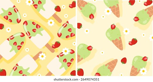 Popsicle and ice cream matcha with strawberry seamless pattern. Sweet and tasty ice cream cartoon. Can be used for wallpaper, paper wrapping, print and fashion fabric 