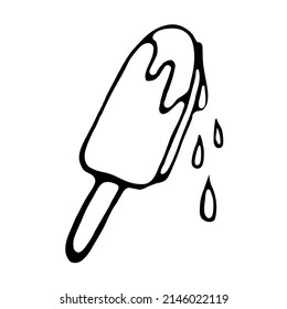 Popsicle ice cream on a chocolate stick, isolated on a white background.Vector illustration of a dessert in the doodle style.It can be used in textiles, menus, postcards.