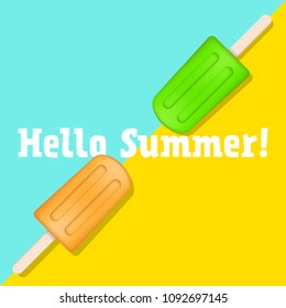 Popsicle ice cream on pastel color flat lay background with hello summer text vector illustration 