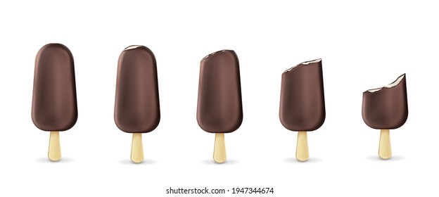 Popsicle ice cream on stick row from whole to bitten. Frozen. summer dessert of brown color made of fresh cream covered with chocolate isolated on white background. Realistic 3d vector icons set