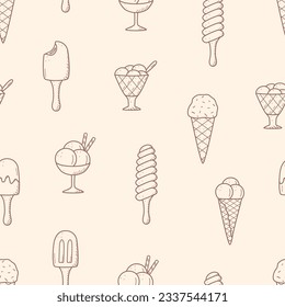 Popsicle ice cream on a stick and in waffle cones. Seamless pattern of summer dessert doodle style. Wallpaper background vector illustration.