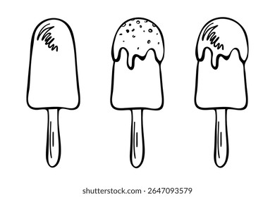 Popsicle ice cream on stick, hand drawn doodle isolated on white. Black and white line drawing sketch of popsicle with icing and nuts. Vector clipart for graphic design and print.