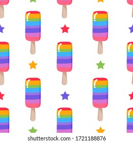 Popsicle ice cream pattern. Seamless sweet cool pattern with colorful choc. rainbow eskimo and stars.