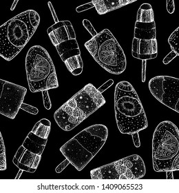 Popsicle ice cream. Seamless pattern. Hand drawn vector illustration. Seamless pattern. Popsicle background. Summer food background. 