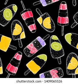 Popsicle ice cream. Seamless pattern. Hand drawn vector illustration. Seamless pattern. Popsicle background. Summer food background. 
