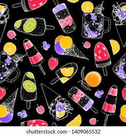 Popsicle ice cream. Seamless pattern. Hand drawn vector illustration. Seamless pattern. Popsicle background. Summer food background. 