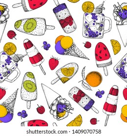 Popsicle ice cream. Seamless pattern. Hand drawn vector illustration.  