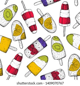 Popsicle ice cream. Seamless pattern. Hand drawn vector illustration. 