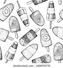 Popsicle ice cream. Seamless pattern. Hand drawn vector illustration.  