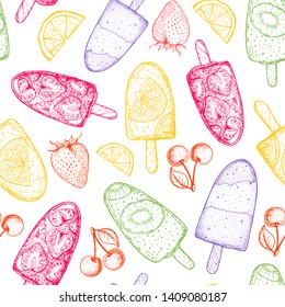 Popsicle ice cream. Seamless pattern. Hand drawn vector illustration. Seamless pattern. Popsicle background. Summer food background. 