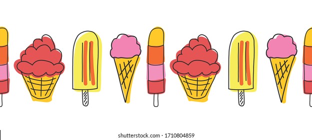 Popsicle and ice cream seamless vector border. Hand drawn cute ice cream pattern in pink red orange and yellow.