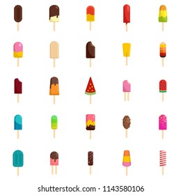 Popsicle ice cream stick icons set. Flat illustration of 25 popsicle ice cream stick vector icons isolated on white