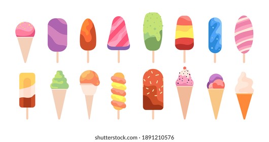 Popsicle ice cream. Summer creamy food, frozen sweet sticks. Isolated dessert snacks, fruits vanilla chocolate waffle cones utter vector set