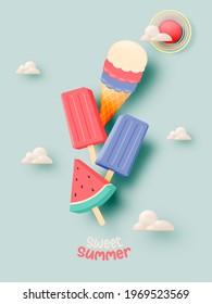 Popsicle and Ice cream for summer season very cute character design in pastel scheme vector illustration