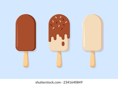 Popsicle ice cream vector flat illustration collection. Chocolate and vanilla eskimo on beige background. Best for textile, wallpapers, wrapping paper, package and cafe decoration.