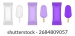 Popsicle ice cream wrapper. Set of white, violet and purple flow packs. Foil bag. Realistic vector mockup
