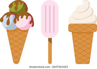 Popsicle and ice cream.Desserts, sweet eating set. Yummy street food, confectionery snacks. Cone waffle with filling, icecream balls in cup, ice-cream in cone. Hand drawn flat vector illustration.