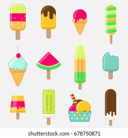 Popsicle ice creams. Set of colorful ice cream on stick with different toppings. Vector illustration flat design
