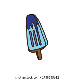 popsicle icon. blue ice cream with brown stick on white background. hand drawn vector. brown outline. sweet dessert. doodle art for kids, logo, label, poster, sticker, clipart, advertising. 