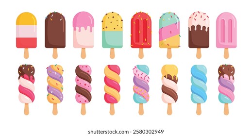 Popsicle icon clipart set. Summer popsicle clip art for tropical season dessert with flavor vector illustration colorful ice pop symbol collection.
