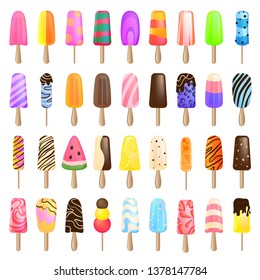 Popsicle icons set. Cartoon set of popsicle vector icons for web design