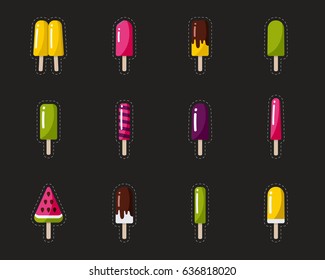 Popsicle icons set, Flat design of ice cream stickers with cutting line, vector illustration