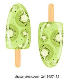 Popsicle with kiwi cartoon. Ice cream illustration. Can be used for wallpaper, sticker, holiday or summer theme element, food element.