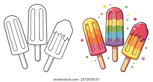 Popsicle Line Art Vector Illustration Black and White with Coloring Sample. Bold and Easy Food, Sweets, Drinks, Dessert, and Snacks Coloring Pages for Adults and Kids.