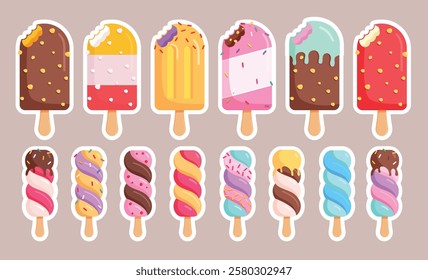 Popsicle logo clipart set. Sweet popsicle ice cream clip art icon collection with white bright shadows and different flavors vector illustration.
