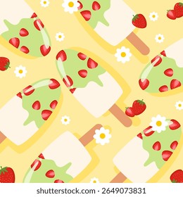 Popsicle matcha with strawberry seamless pattern. Ice lolly matcha and strawberry cartoon. Can be used for wallpaper, print, paper wrapping, fashion fabric