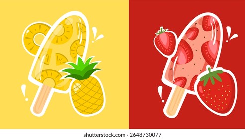 Popsicle mixed fruit. Pineapple and strawberry flavour with outline. Can be used for wallpaper, sticker, print and summer theme element