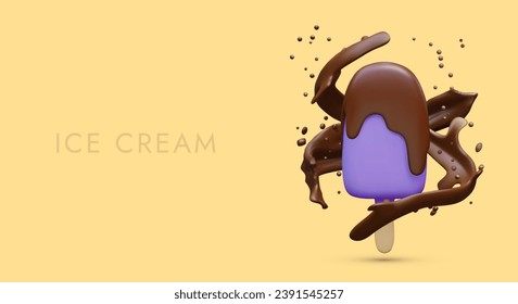 Popsicle with natural chocolate topping. Creative advertising concept on yellow background. Purple popsicle, splashes of melted chocolate. Stop motion effect, realistic design style