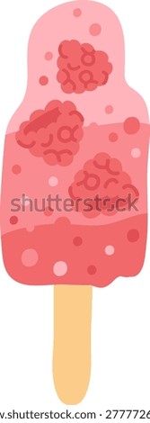 Popsicle on stick with berry chunks and melting texture in a cartoon style. Symbol of summer refreshment, sweetness, dessert craving, and cool treat. Cartoon vector illustration.