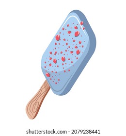 popsicle on a stick with blue glaze and berries, chocolate ice cream