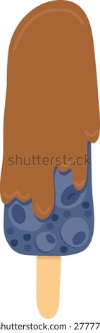 Popsicle on stick with melting topping and textured surface in clean cartoon style. Symbol of summer treat, sweetness, refreshment, indulgence, and dessert craving. Cartoon vector illustration.