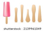 Popsicle on stick, set of different wooden sticks in realistic vector illustration isolated on white background. Fruit dessert, cool summer snack. Lollipop, frozen candy, sweet food for kids