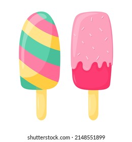 Popsicle on a stick, striped fruit ice and classic with icing and sprinkling. Sweet food, dessert, a symbol of summer. Vector illustration in a flat cartoon style isolated on a white background