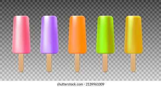 Popsicle on wooden stick, set of different colorful ice creams in realistic vector illustration isolated on transparent background. Fruit dessert, cool summer snack. Lollipop, sweet food for kids