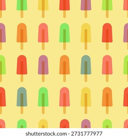 Picolé em um fundo amarelo, padrão sem costura de verão. Ornamento para tecido, vestuário, têxteis, texturas de superfície, papel de embalagem e scrapbooking. Ilustração vetorial.