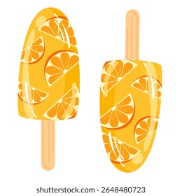 Popsicle with orange cartoon. Ice cream illustration. Can be used for wallpaper, restaurant, summer theme element, food element.