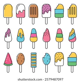 Popsicle outline clipart set. Popsicle drawing icon clip art in colorful paint hand drawn flat summer elements collection vector illustration.
