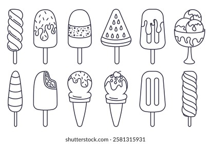 Popsicle outline clipart set. Ice cream drawing icon clip art dessert hand drawn lines collection in white background vector illustration. 
