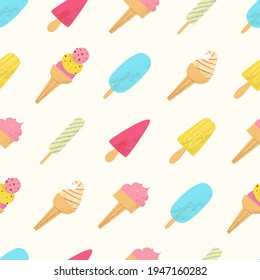 Popsicle pattern. Summer ice scream seamless background. Flat hand drawn sweet dessert with vector texture. Cute fruit lolly pops in colorful print.