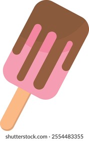 Popsicle with a pink base and a brown chocolate coating on a stick.