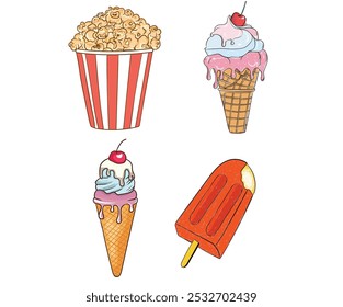 Popsicle poster design. Popcorn hand drawn vector art.  Fruit fresh ice cream graphic print design for t shirt, apparel, posters, background and others.  Popcorn hand drawn vector design.