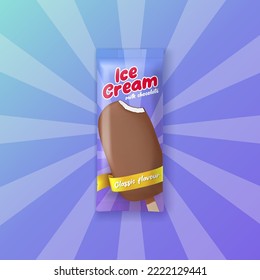 Popsicle purple package comic exploding beams striped banner realistic vector illustration. Ice cream summer refreshing dairy dessert chocolate glaze on stick pack optical illusion retro poster